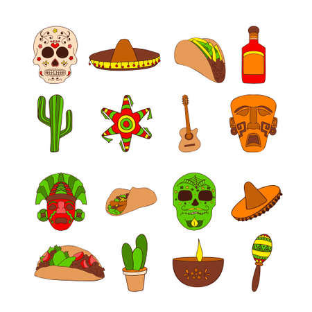 Hand drawn traditional symbols. Design elements about Mexico. Vector illustration clip art.のイラスト素材