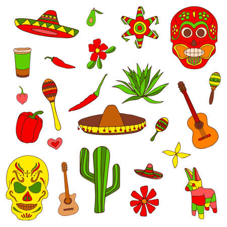 Isolated colorful stylish elements about Mexico. Hand drawn collection for Cinco de Mayo celebration. Vector illustration and design.のイラスト素材