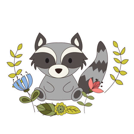 Cute animal in cartoon style. Woodland raccoon with forest design elements. Vector illustrationのイラスト素材
