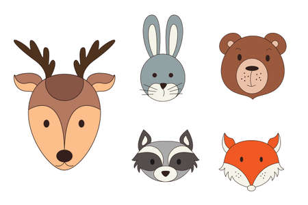 Animal heads in cartoon style. Woodland vector illustration
