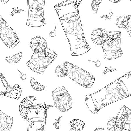 Seamless pattern with hand drawn elements. Cocktails on white background. Vector illlustration.のイラスト素材