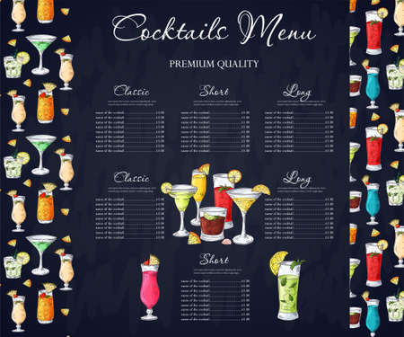 Alcohol drinks menu. Bar brochure template for cafe or restaurant. Vector illustration with hand drawn elements.のイラスト素材