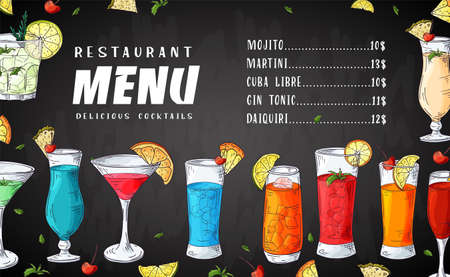 Alcohol drinks menu. Bar brochure template for cafe or restaurant. Vector illustration with hand drawn elements.のイラスト素材