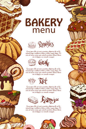 Vector template with hand drawn sketch bakery. Dessert menu design for restaurant or cafe. Cards with sweet bakery illustrationのイラスト素材