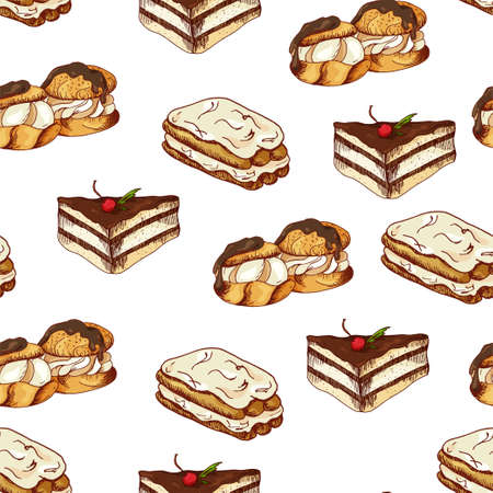 Seamless pattern with desserts. Hand drawn pancakes and buns. Vector illustration for your design.