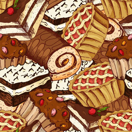 Seamless pattern with desserts. Hand drawn pancakes and buns. Vector illustration for your design.のイラスト素材
