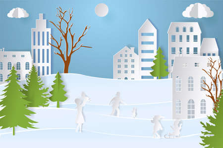 Mountain village with paper art style in color. Landscape city with people for Christmas postcard. vector illustration.のイラスト素材