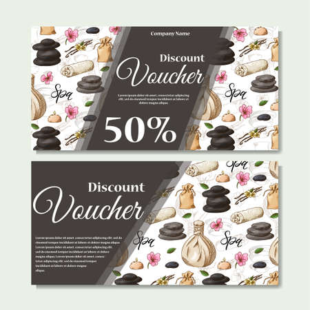 Gift voucher template with spa elements in hand drawn style. Sketch illustration. Design certificate for spa salon, beauty center. Vector patternのイラスト素材