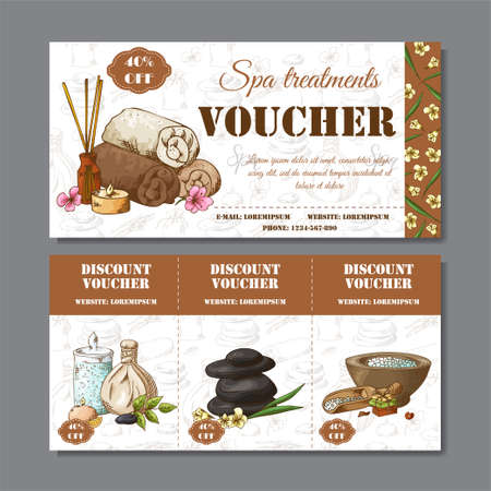 Gift voucher template with spa elements in hand drawn style. Sketch illustration. Design certificate for spa salon, beauty center. Vector patternのイラスト素材