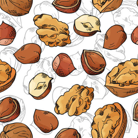 Vector seamless pattern with nuts and seeds. Pistachios, brasil nuts, pecan, hazelnut, nutmeg, cashew background. Hand drawn elements in sketch style.のイラスト素材