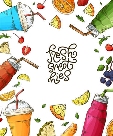 Template design with smoothie for banner, brochure. Organic fruit shake with ingredients. Vector illustration with lettering.のイラスト素材