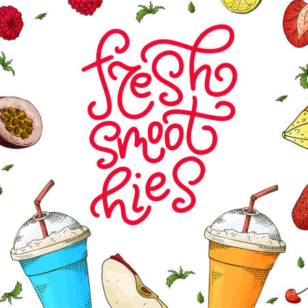 Fresh smoothie poster with hand drawn lettering. Callography design for poster, card, menu. Vector illustration.のイラスト素材