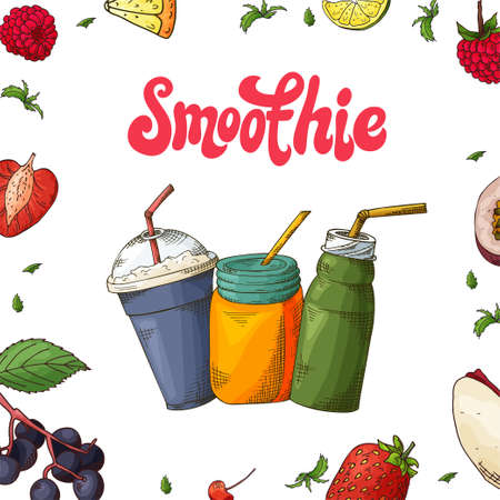 Fresh drink menu. Template design banner with smoothie in sketch style. Detox cocktail made from fruits and vegetables with letteringのイラスト素材