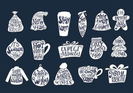 Set of hand lettering quotes for Christmas cards. Warm winter wishes text. Happy New Year. Vector illustration.のイラスト素材