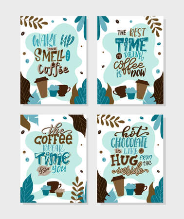 Quote coffee lettering set. Cafe lettering for menu, card, banners. Hand drawn calligraphy. Graphic design vector illustrationのイラスト素材