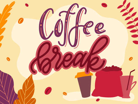 Coffee landing page. Drink motivation typography poster. Lettering concept with flat elements. Cafeteria vector illustrationのイラスト素材