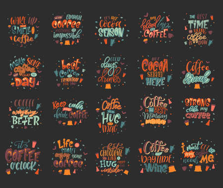 Set of coffee drink quotes. Cafe modern calligraphy with doodle elements. Promotion motivation graphic design. Vector illustrationのイラスト素材
