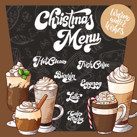 Hand drawn hot drinks. Menu Christmas design. Template with brushlettering. Winter sketch style. Vector illustrationのイラスト素材