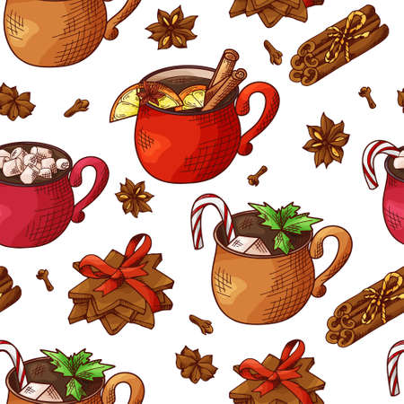 Winter seamless pattern. Cups with hot drinks on hand drawn style. Sketch vector illustrationのイラスト素材