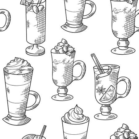 Seamless pattern with hand drawn hot drinks. Sketch winter elements. Holiday christmas vector illustrationのイラスト素材