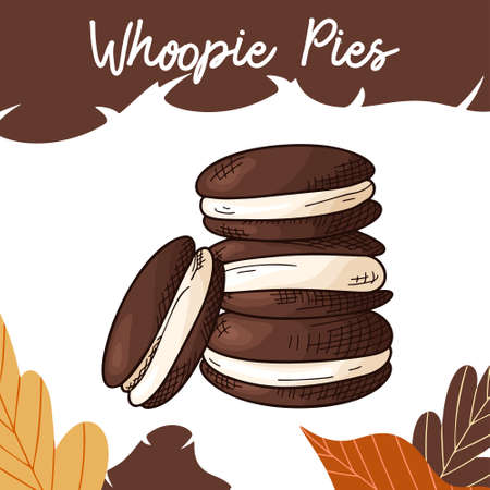 Hand drawn cookie in color on white background. Whoopie pies. Delicious food design. Vector illustrationのイラスト素材