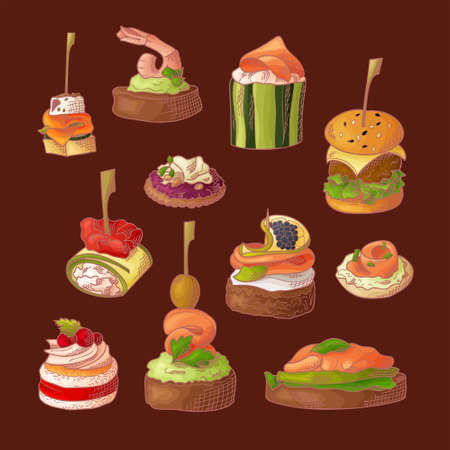 Set of finger food elements. Canape and appetizes served on sticks in sketch style. Catering service...