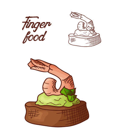 Hand drawn finger food element. Appetizers served in sketch style. Bruchetta in isolated white background. Vector illustration.のイラスト素材