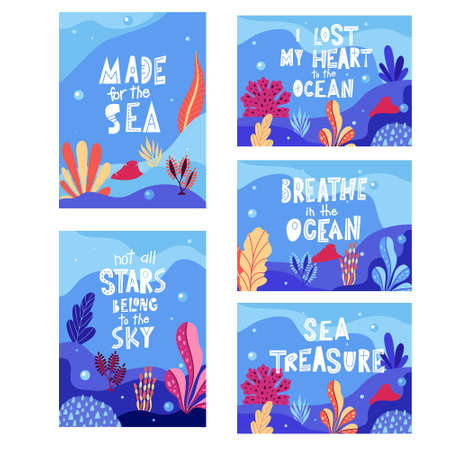 Set of Ocean quotes with sea elements. Lettering poster or greeting card. Travel typography design. Vector illustrationのイラスト素材