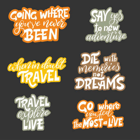 Set of travel quotes. Hand drawn calligraphy graphic design. Lettering tourism concept. Inspirational greeting card. Vector illustration.のイラスト素材