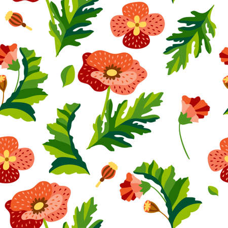 Seamless pattern with wild flowers and leaves. Flat beautiful background. Fashion print. Vector stock illustrationのイラスト素材