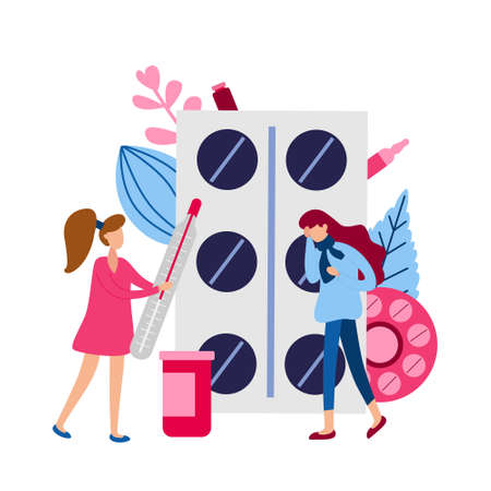 Concept with sick person. Flu flat tiny people concept. Protect from viruses. Pharmacy therapy and tissue help. Vector illustrationのイラスト素材