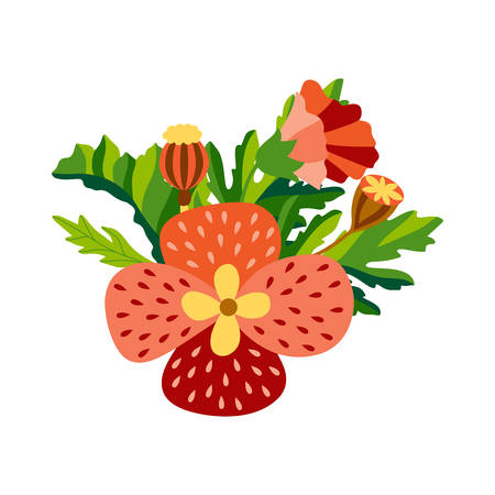 Wild floral bouquet of poppies and cornflowers with green leaves in decorative flat style. Botanical natural herbs isolated on white background. Vector illustrationのイラスト素材