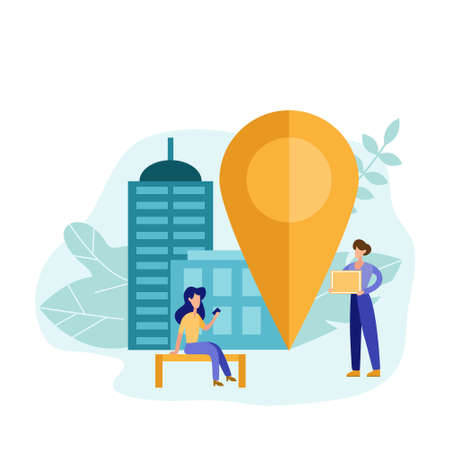 We have moved concept with girl find the address in flat style. Geolocation point marker for navigation system. Transportation vector illustrator.のイラスト素材