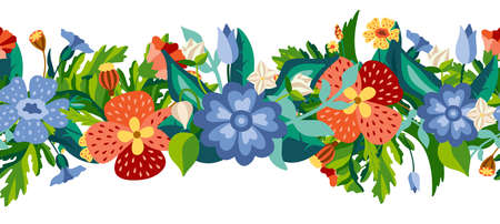 Gorizontal wild flower seamless border in flat style. Meadow herbs isotaled on white background....