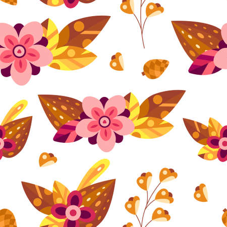Autumn seamless pattern with flowers and leaves in decorative flat style. Background for textile, wallpapers, gift paper. Vector season illustration on whiteのイラスト素材