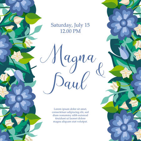 Greeting card with wild floers and leaves. Wedding ornament concept in flat style isolated on white background. Vector botanical illustration for invitation card or posterのイラスト素材