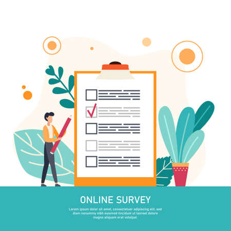Online survey business concept with tiny people. Internet questionnaire form. Man fills out the giant clipboard checklist and check mark ticks. Flat vector illustrationのイラスト素材
