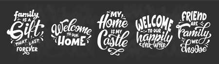 Set of home quote on blackboard background with chalk. Hand drawn lettering poster for housewarning poster, greeting card, decoration. Vector illustrationのイラスト素材