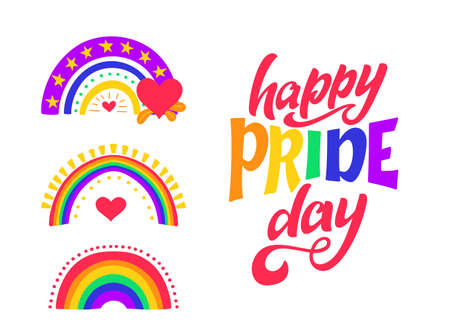 Happy pride day lettering quote. LGBT slogan with rainbows. Human rights and tolerance. Hand drawn poster. Vector illustrationのイラスト素材
