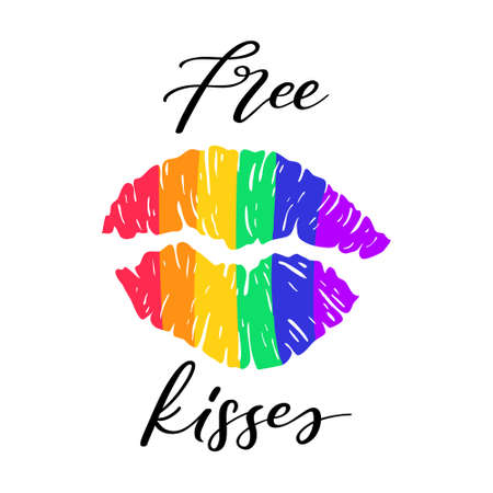 Gay lettering quote concept poster kiss mark. Rainbow colored phase free kisses. Vector lgbt posterのイラスト素材