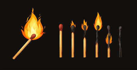 Burnt match stick with fire. Set of matchsticks with sulfur head flaming stages from ignition to extinction. Cartoon spark bonfire vector illustrationのイラスト素材