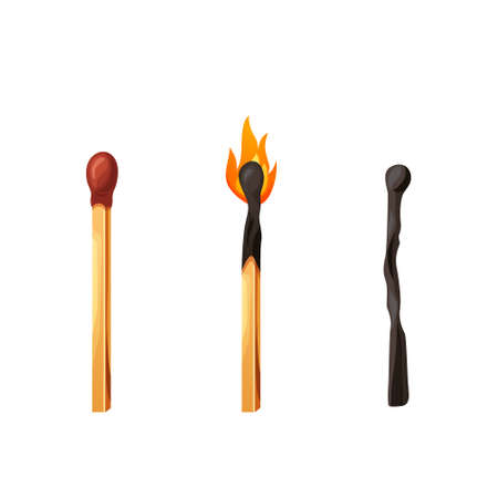 Burnt match stick with fire. Whole, ignite wooden matchstick. Cartoon safety isolated on white background. Vector setのイラスト素材