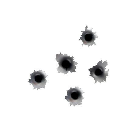 Bullet holes of gun or pistol. Shoot in metal single and double hole. Damage and cracks on surface. Vector isolated on backgroundのイラスト素材
