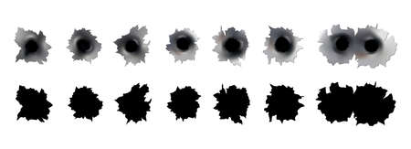Bullet holes of gun or pistol. Shoot in metal single and double hole. Damage and cracks on surface. Vector isolated on backgroundのイラスト素材
