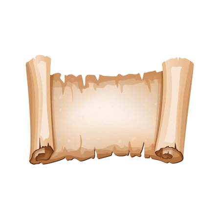 Parchment cartoon scroll. Empty old paper scroll blank papurus. Fairy manuscript and vintage letter. Vector textured antique elementのイラスト素材