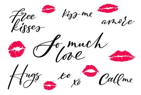So much love lettering quote mark kiss silhouette isolated on white background. Stamp makeup printfrom mouth. Vector illustration