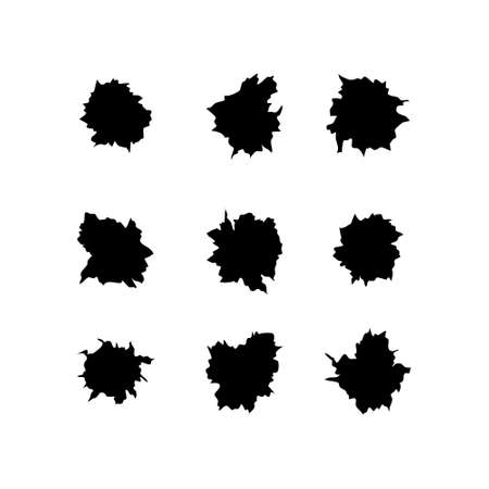 Bullet holes of gun or pistol. Shoot in metal single and double hole. Damage and cracks on surface. Vector isolated on backgroundのイラスト素材