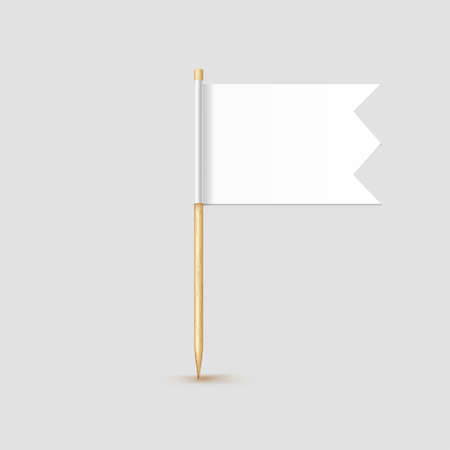 Toothpick flag isolated on wood stick with white paper. Realistic little tooth pick for lunch. Vector cocktail decorationのイラスト素材