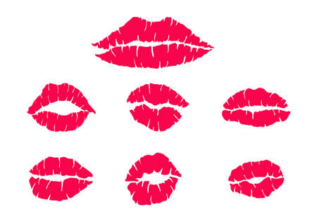 Red mark kisses lipstik pink mouth set. Hand drawn shape beauty sexy silhouette isolated on white background. Vector iconのイラスト素材