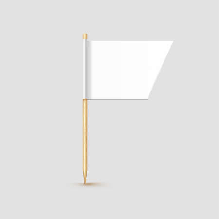 Toothpick flag isolated on wood stick with white paper. Realistic little tooth pick for lunch. Vector cocktail decorationのイラスト素材